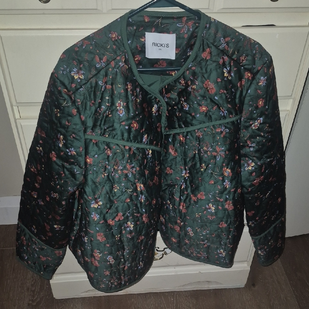 Ricki's Dark Green Quilted Floral Jacket with Pink & Blue Flowers